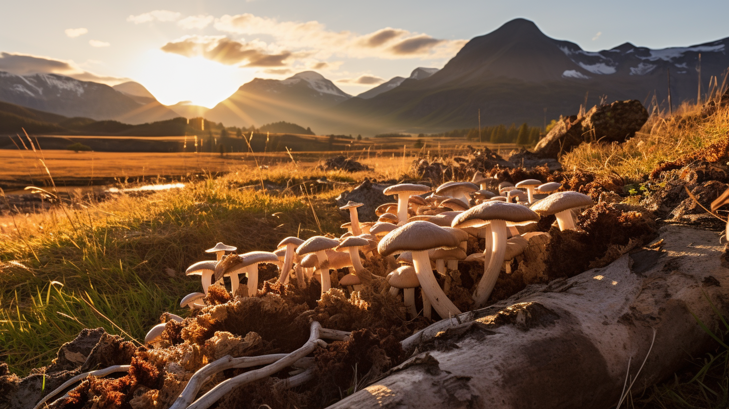 field of wild mushrooms with a sunsetting and mountains in the background